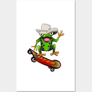 Frog - Kawaii Froggy Skateboarding Cute Frog Texas cowboy hat Funny toad toads amphibian tadpole Green Red eyed tree frogs rain forest Lizard dragon zoology gift frog Posters and Art